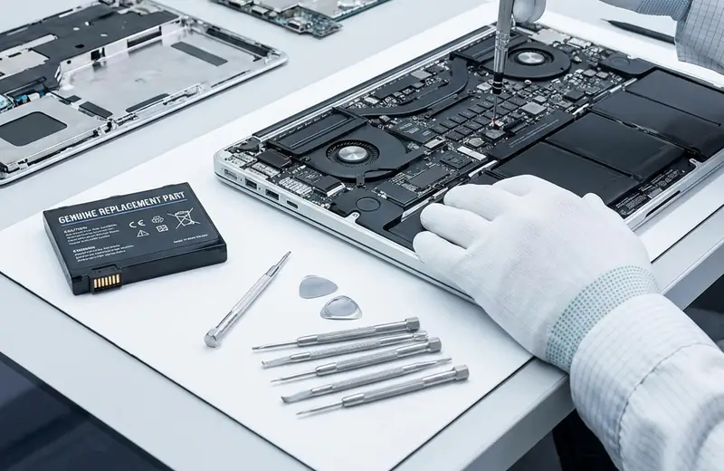 Illustration: a laptop battery being replaced