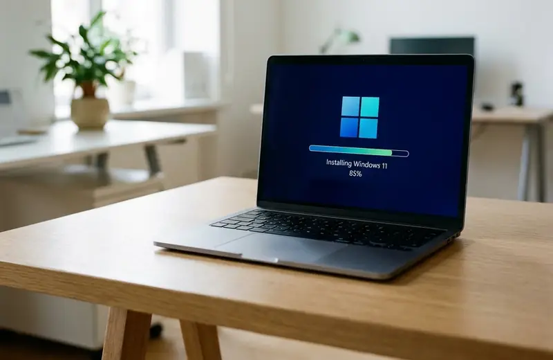 Illustration: an operating system being installed on a laptop