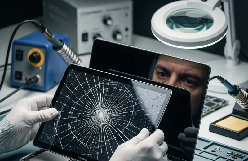 Illustration: a cracked laptop screen being replaced
